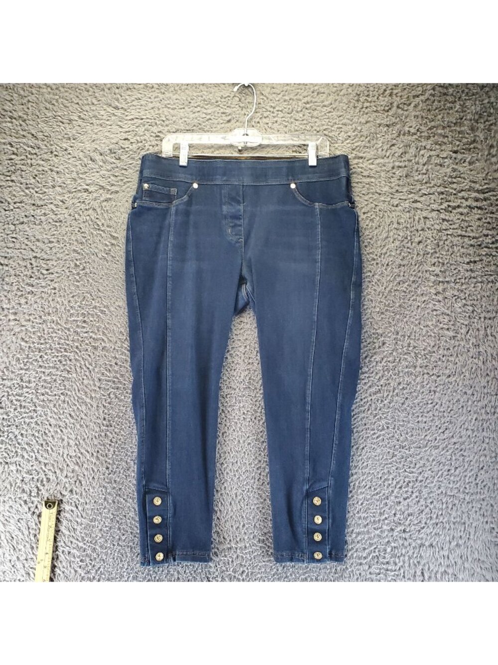 Luxe Denim Jeans Womens Large Petite 14-16 Blue Skinny Ankle Button Stretch *Rea